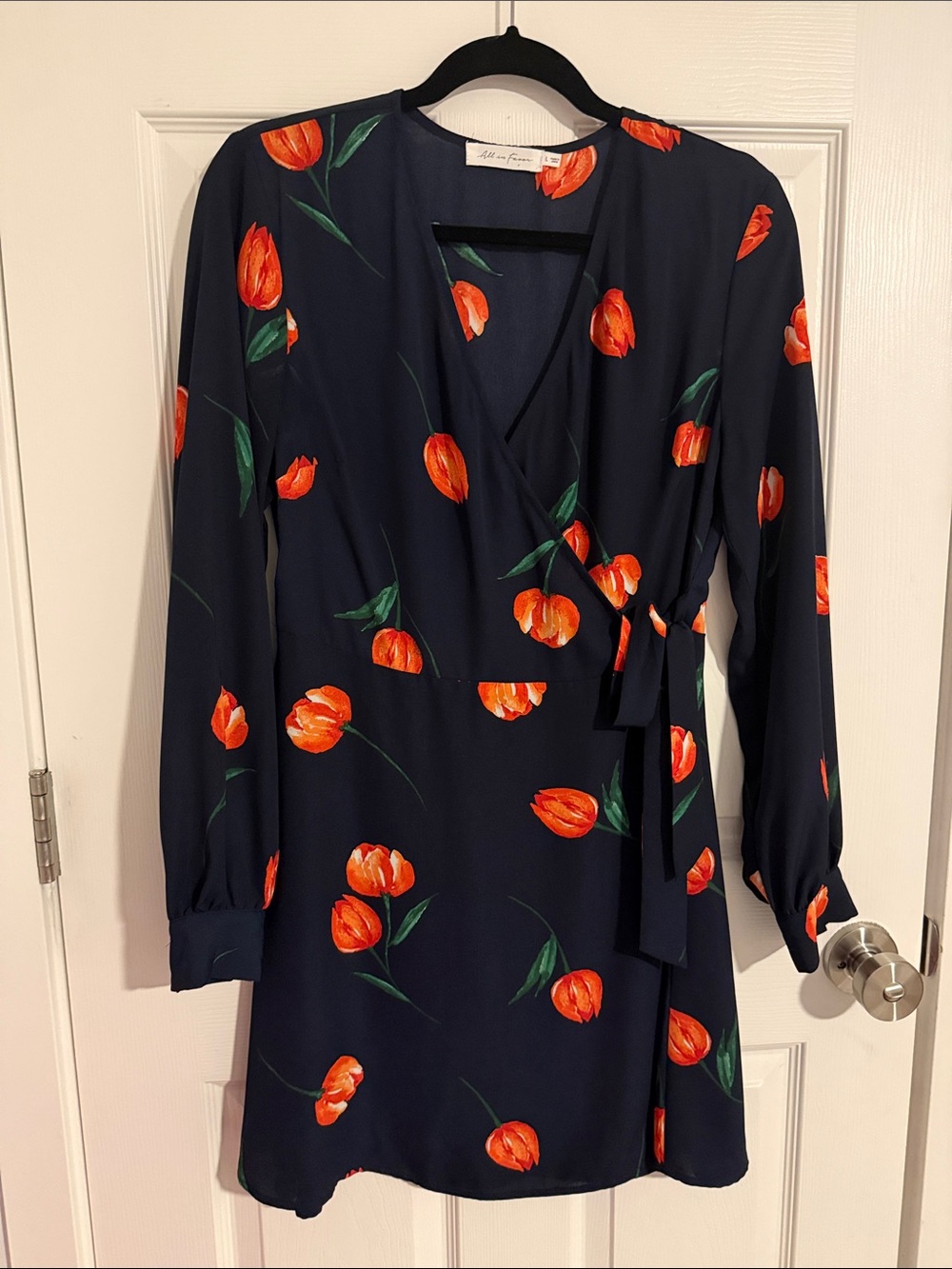 All in Favor Navy Wrap Dress with Orange Tulip Print